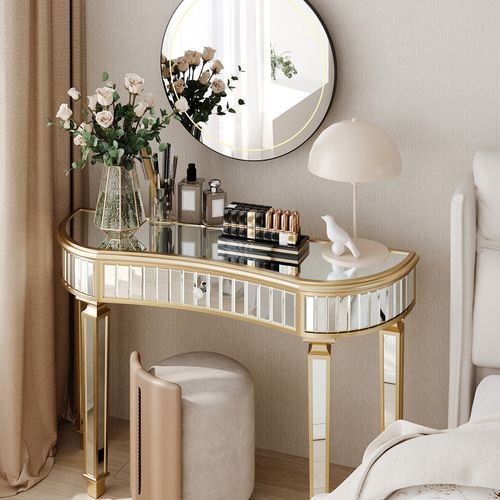 Console Demi-lune Miroir 120 Cm, Table De Sofa Et Coiffeuse Luxe Avec Tiroir Cristal, Or Et Argent