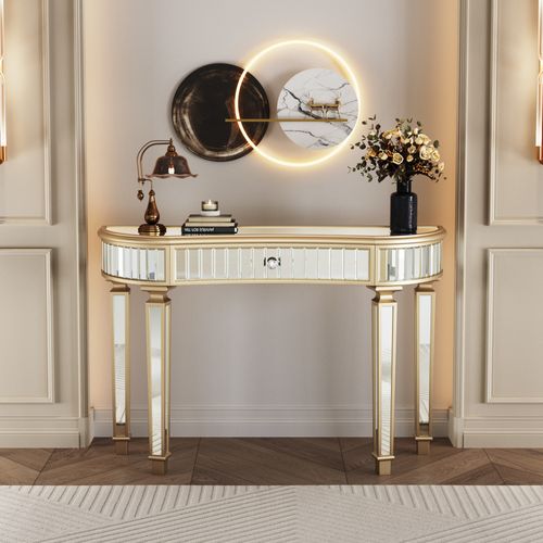 Console Demi-lune Miroir 120 Cm, Table De Sofa Et Coiffeuse Luxe Avec Tiroir Cristal, Or Et Argent