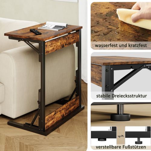 Lot De 2 Tables D’appoint Pliantes En C 60x37x71 Cm Avec Pieds Réglables, Plateau Bois Effet Rétro