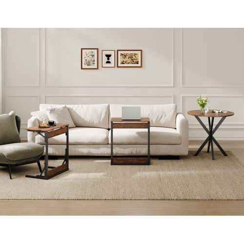 Lot De 2 Tables D’appoint Pliantes En C 60x37x71 Cm Avec Pieds Réglables, Plateau Bois Effet Rétro