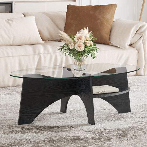 Table D'appoint Ovale 105 Cm En Verre Trempé Avec Piètement Mdf Noir Style Éventail, Design Moderne