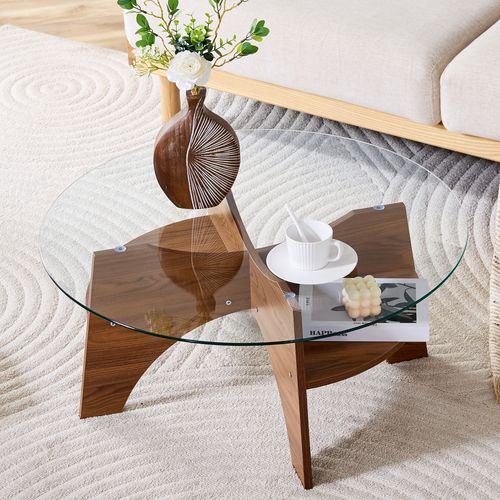 Table Basse Ronde 80 Cm En Verre Trempé Avec Piètement Mdf En Noyer, Design Moderne