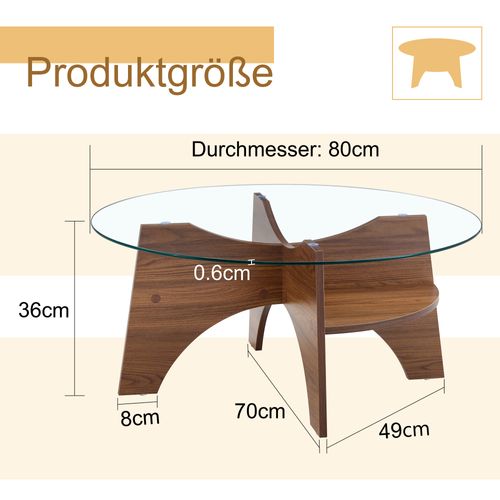 Table Basse Ronde 80 Cm En Verre Trempé Avec Piètement Mdf En Noyer, Design Moderne