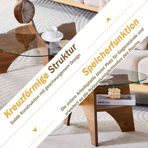 Table Basse Ronde 80 Cm En Verre Trempé Avec Piètement Mdf En Noyer, Design Moderne