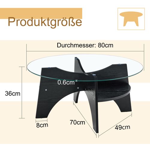 Table Basse Ronde 80 cm En Verre Trempé Avec Piètement Mdf Noir, Design Moderne