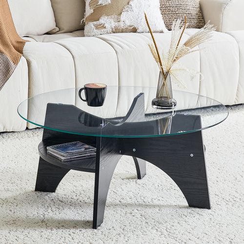 Table Basse Ronde 80 cm En Verre Trempé Avec Piètement Mdf Noir, Design Moderne
