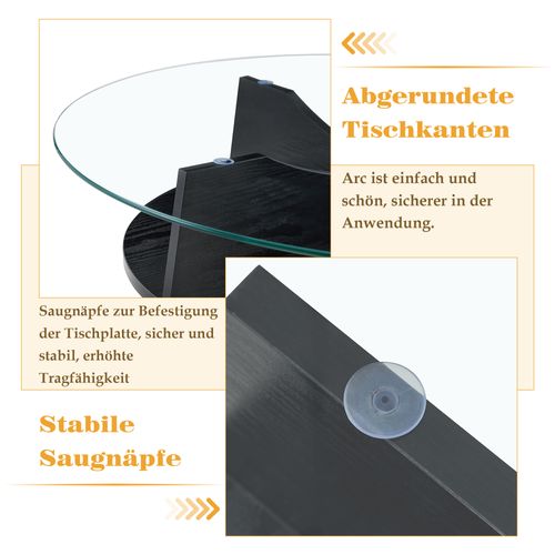 Table Basse Ronde 80 cm En Verre Trempé Avec Piètement Mdf Noir, Design Moderne