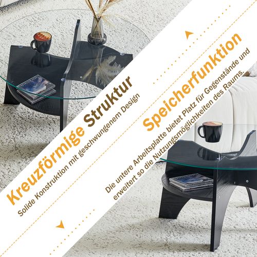 Table Basse Ronde 80 cm En Verre Trempé Avec Piètement Mdf Noir, Design Moderne