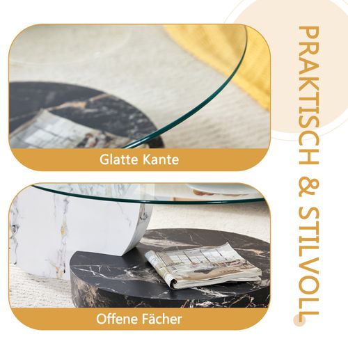 Table Basse Moderne 2 Niveaux En Verre Trempé Et Mdf Effet Marbre Noir Et Blanc, 90x70 cm