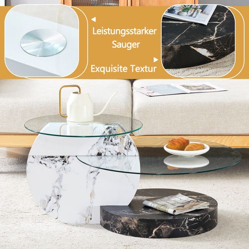 Table Basse Moderne 2 Niveaux En Verre Trempé Et Mdf Effet Marbre Noir Et Blanc, 90x70 cm
