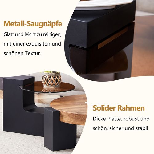 Table Basse Ronde 2 Niveaux En Verre Brun Transparent Et Mdf Noir, Design Modulable Et Pratique