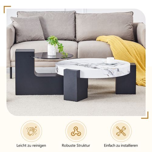 Table Basse Ronde 2 Niveaux Avec Plateau En Verre Gris Et Mdf Noir, Plateau Imitation Marbre Blanc