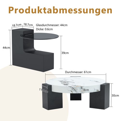 Table Basse Ronde 2 Niveaux Avec Plateau En Verre Gris Et Mdf Noir, Plateau Imitation Marbre Blanc