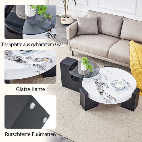 Table Basse Ronde 2 Niveaux Avec Plateau En Verre Gris Et Mdf Noir, Plateau Imitation Marbre Blanc