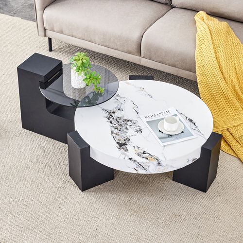 Table Basse Ronde 2 Niveaux Avec Plateau En Verre Gris Et Mdf Noir, Plateau Imitation Marbre Blanc