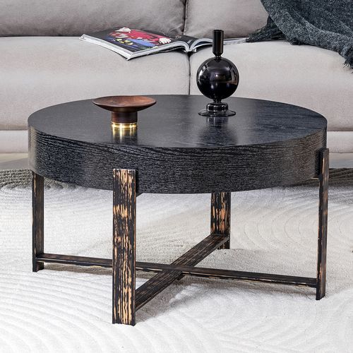 Table Basse Ronde Noire D. 68 cm Avec Structure Croisée En Métal Et Plateau Texturé Élégant