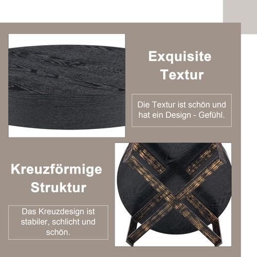 Table Basse Ronde Noire D. 68 cm Avec Structure Croisée En Métal Et Plateau Texturé Élégant