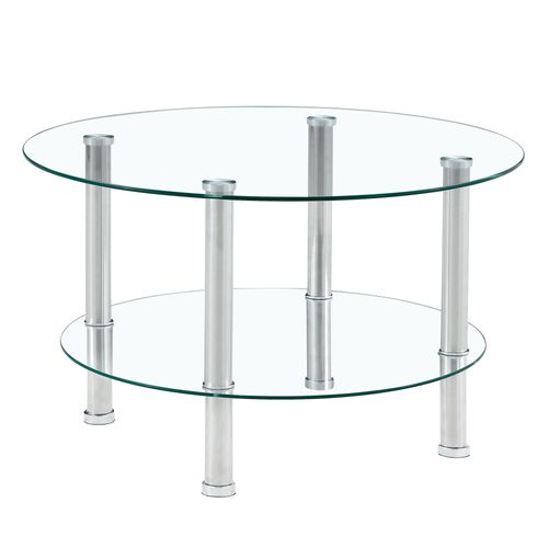 Table Basse Moderne à Deux Niveaux Avec Pieds Métalliques Argentés Et Plateaux En Verre, D. 70 cm