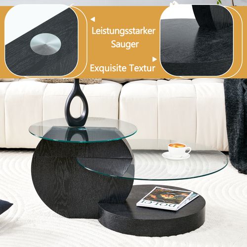 Table Basse Moderne à Deux Niveaux En Verre Trempé Avec Mdf Effet Bois Noir 90x70 cm