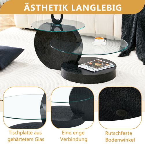 Table Basse Moderne à Deux Niveaux En Verre Trempé Avec Mdf Effet Bois Noir 90x70 cm