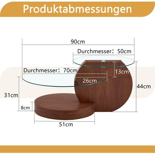 Table Basse Moderne à Deux Niveaux En Verre Trempé Avec Mdf Effet Bois De Noyer 90x70 cm