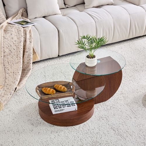 Table Basse Moderne à Deux Niveaux En Verre Trempé Avec Mdf Effet Bois De Noyer 90x70 cm