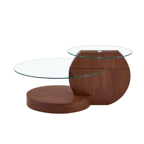 Table Basse Moderne à Deux Niveaux En Verre Trempé Avec Mdf Effet Bois De Noyer 90x70 cm