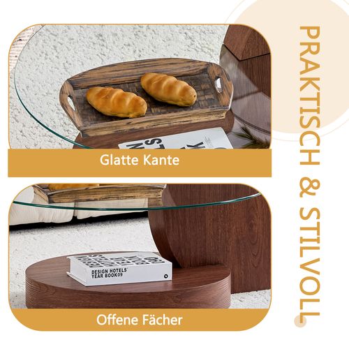 Table Basse Moderne à Deux Niveaux En Verre Trempé Avec Mdf Effet Bois De Noyer 90x70 cm