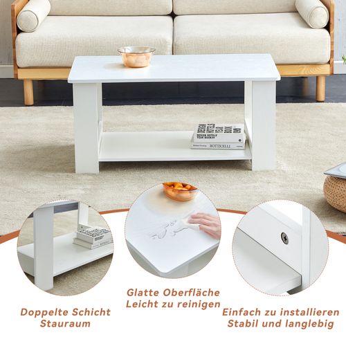 Table Basse Moderne Blanche Effet Bois 2 Niveaux – 90x50x42 cm, Compacte Et Robuste