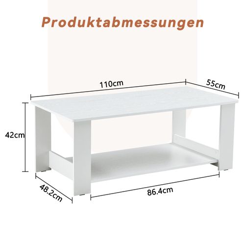 Table Basse Moderne Blanche Effet Bois 2 Niveaux – 110x55x42 cm, Compacte Et Robuste