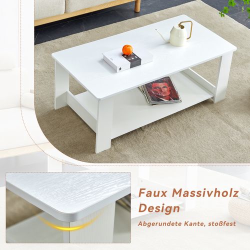 Table Basse Moderne Blanche Effet Bois 2 Niveaux – 110x55x42 cm, Compacte Et Robuste
