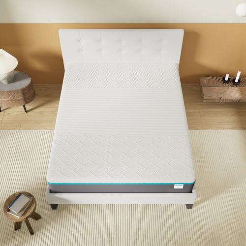 Ensemble 140x190 cm, lit avec tête de lit + Matelas mousse latex ép.28cm accueil à mémoire de forme