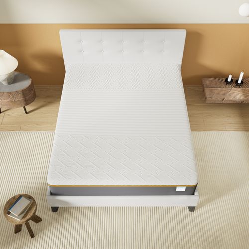 Ensemble 140x190 cm, lit avec tête de lit + Matelas mousse latex ép.28cm accueil à mémoire de forme