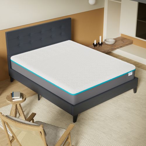 Ensemble 140x200 cm, lit avec tête de lit + Matelas mousse latex ép.28cm accueil à mémoire de forme