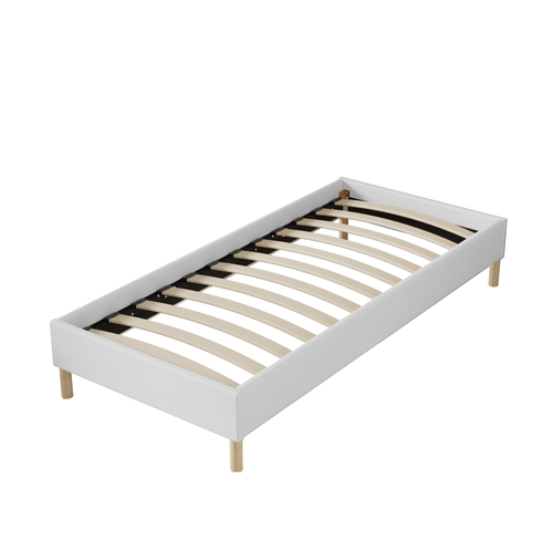 Sommier 90x200 cm, Tissu Blanc Crème, Pieds en bois
