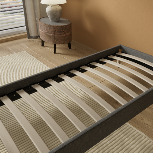 Sommier 90x200 cm, Tissu Gris, Pieds en bois