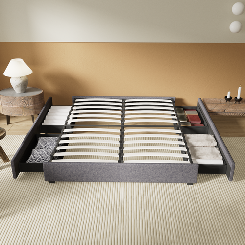 Lit 120 x 190 cm avec tiroirs, Sommier à lattes en bois, Cadre en tissu Gris