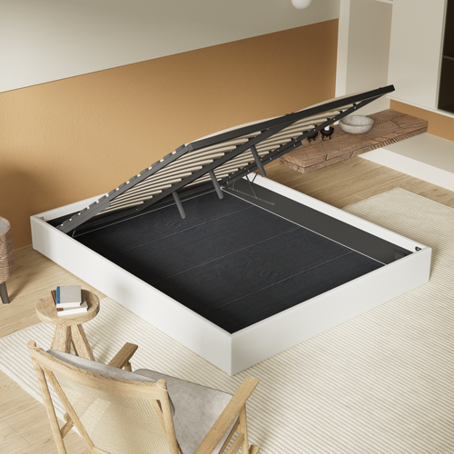 Lit Coffre 140 x 190 cm, Sommier à lattes en bois, Cadre en tissu blanc