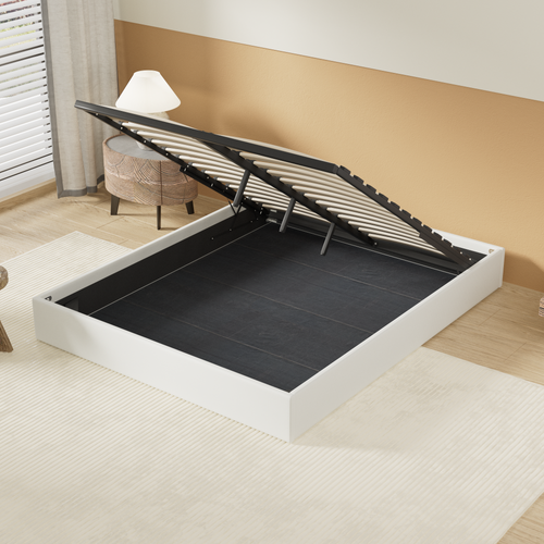 Lit Coffre 140 x 190 cm, Sommier à lattes en bois, Cadre en tissu blanc - Lit avec rangement BUT