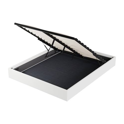 Lit Coffre 140 x 190 cm, Sommier à lattes en bois, Cadre en tissu blanc