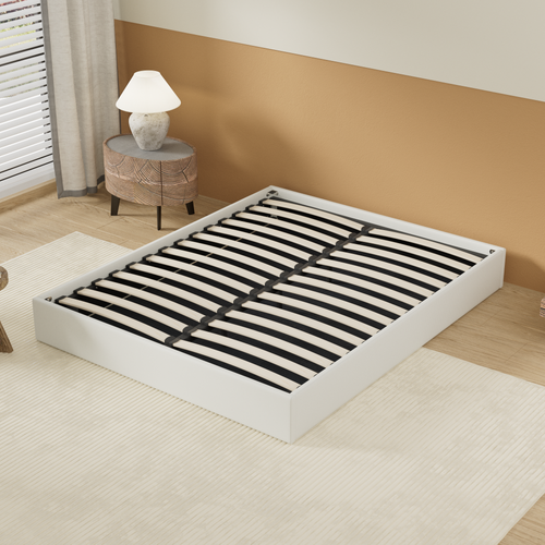 Lit Coffre 140 x 190 cm, Sommier à lattes en bois, Cadre en tissu blanc