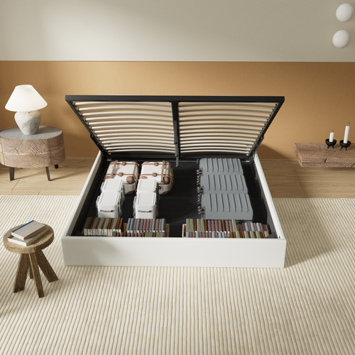 Lit Coffre 120 x 190 cm, Sommier à lattes en bois, Cadre en tissu blanc