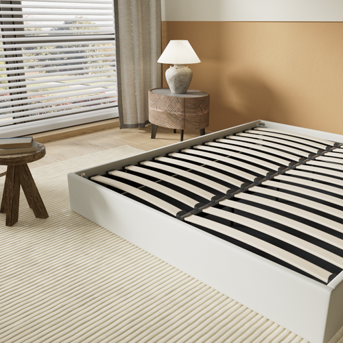 Lit Coffre 120 x 190 cm, Sommier à lattes en bois, Cadre en tissu blanc