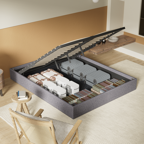 Lit Coffre 160 x 200 cm, Sommier à lattes en bois, Cadre en tissu gris