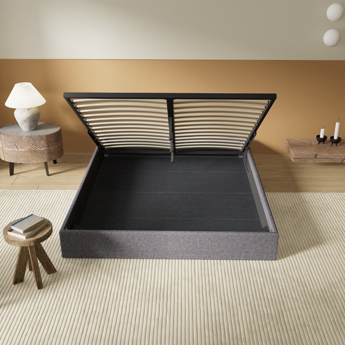 Lit Coffre 140 x 200 cm, Sommier à lattes en bois, Cadre en tissu gris