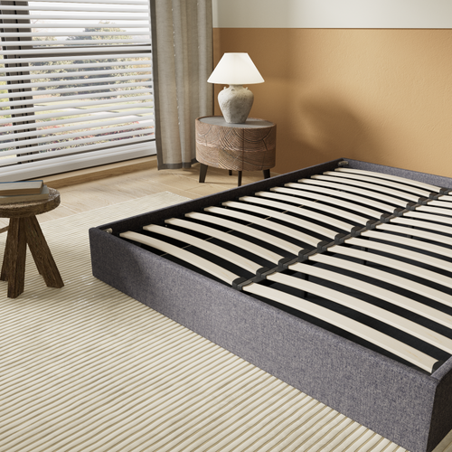Lit Coffre 140 x 190 cm, Sommier à lattes en bois, Cadre en tissu gris