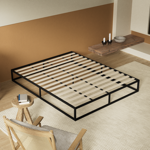 Lit 90 x 190 cm, cadre en acier, lattes en bois