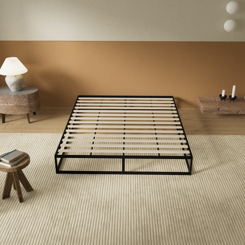 Lit 90 x 190 cm, cadre en acier, lattes en bois