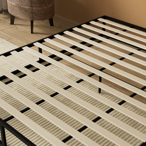 Lit 90 x 190 cm, cadre en acier, lattes en bois