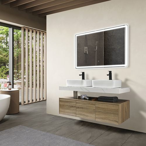 Meuble De Salle De Bain Double Vasque 140cm Bois Et Effet Marbre Avec Miroir LED